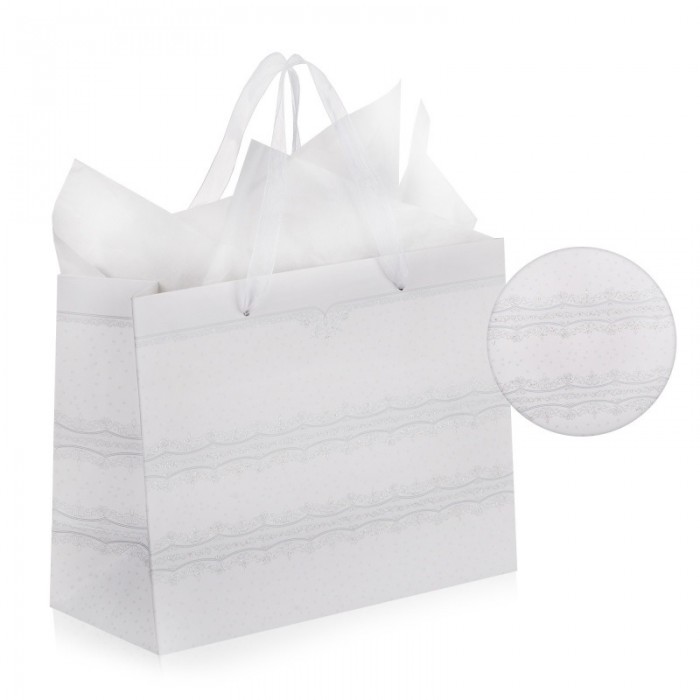 Gift bag - Луксозна подаръчна торбичка - бяла със сребърен Брокат Gift bag Цена за Луксозна подаръчна торбичка