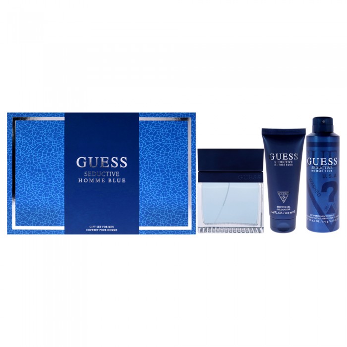 Комплект за мъже Guess Seductive Blue - Тоалетна вода 100 мл + Дезодорант спрей 226 мл + Душ гел 100 мл + Чанта Цена за Комплект за мъже Guess Seductive Blue - Тоалетна вода 100 мл + Дезодорант спрей 226 мл + Душ гел 100 мл + Чанта