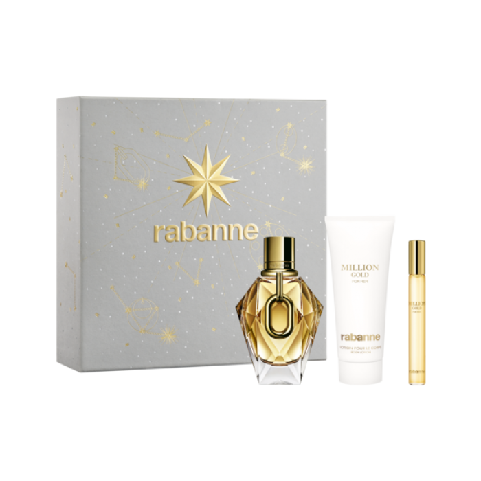 Цена за Комплект за жени Paco Rabanne 1 Million Gold - Парфюмна вода 90 мл + Мини Парфюмна вода 10 мл + Лосион за тяло 100 мл
