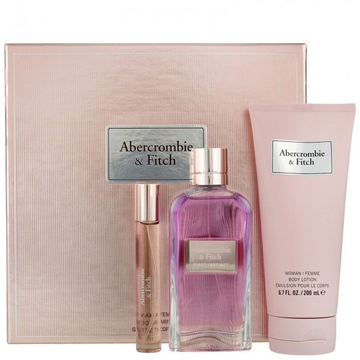 Комплект за жени Abercrombie&Fitch First Instinct - Eau de Parfum 100 мл + Mini 15 мл + Лосион за тяло BL 200 мл Комплект жени Abercrombie&Amp;Fitch First Instinct Цена за Eau de Parfum EDP 100ml + Mini 15ml + Лосион за тяло BL 200ml
